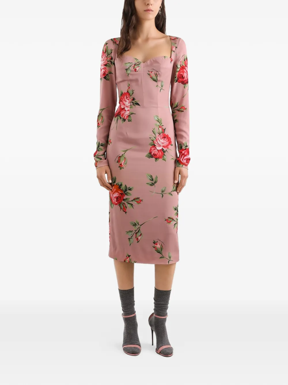 Dolce & Gabbana Midi-jurk met bloemenprint en lange mouwen Roze