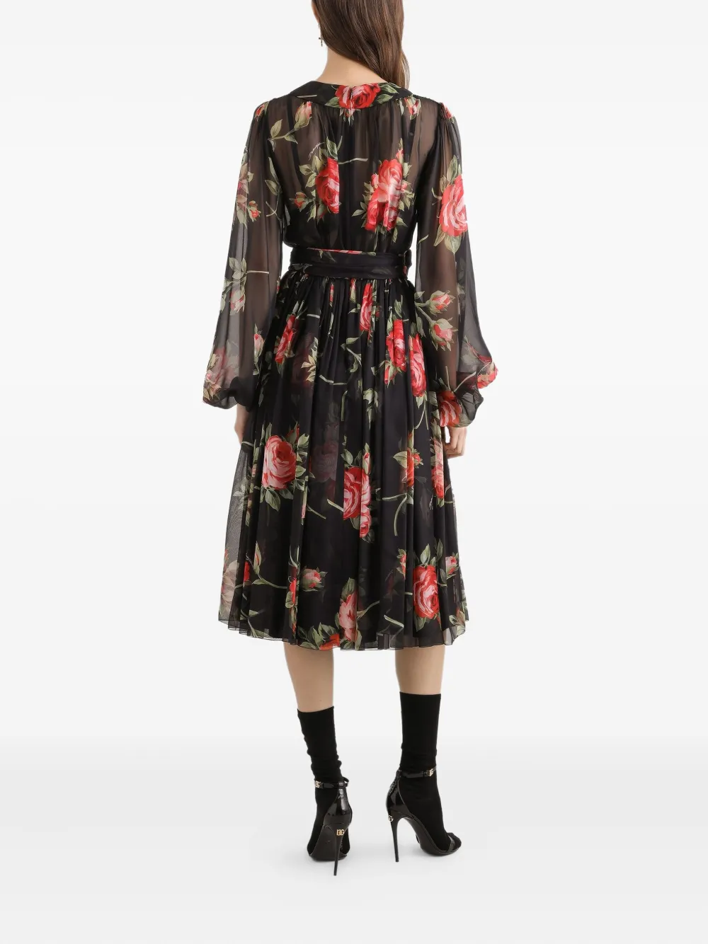 Dolce & Gabbana Midi-jurk met bloemenprint Zwart