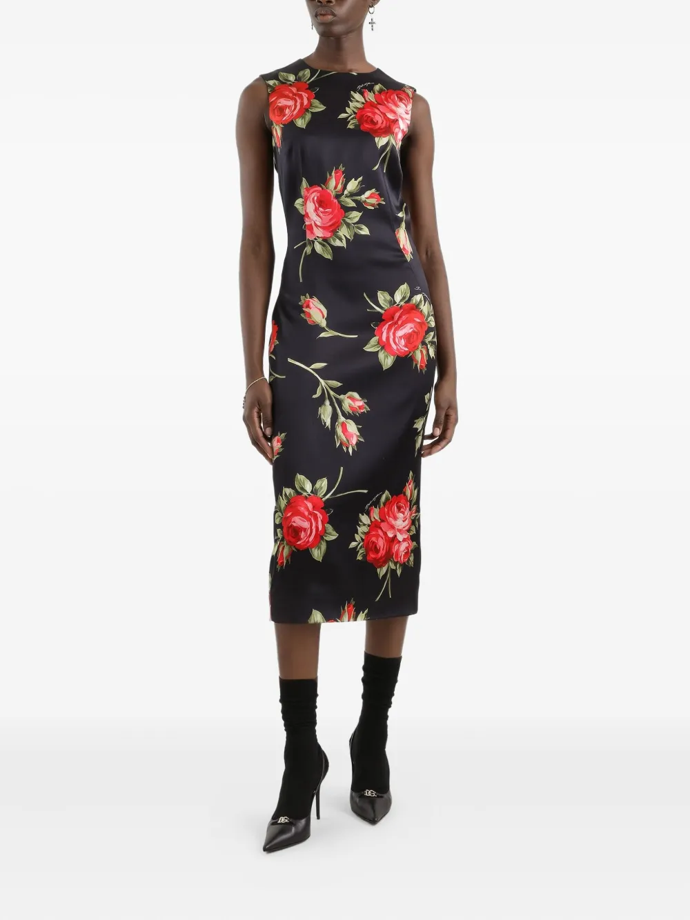 Dolce & Gabbana Midi-jurk met bloemenprint Zwart