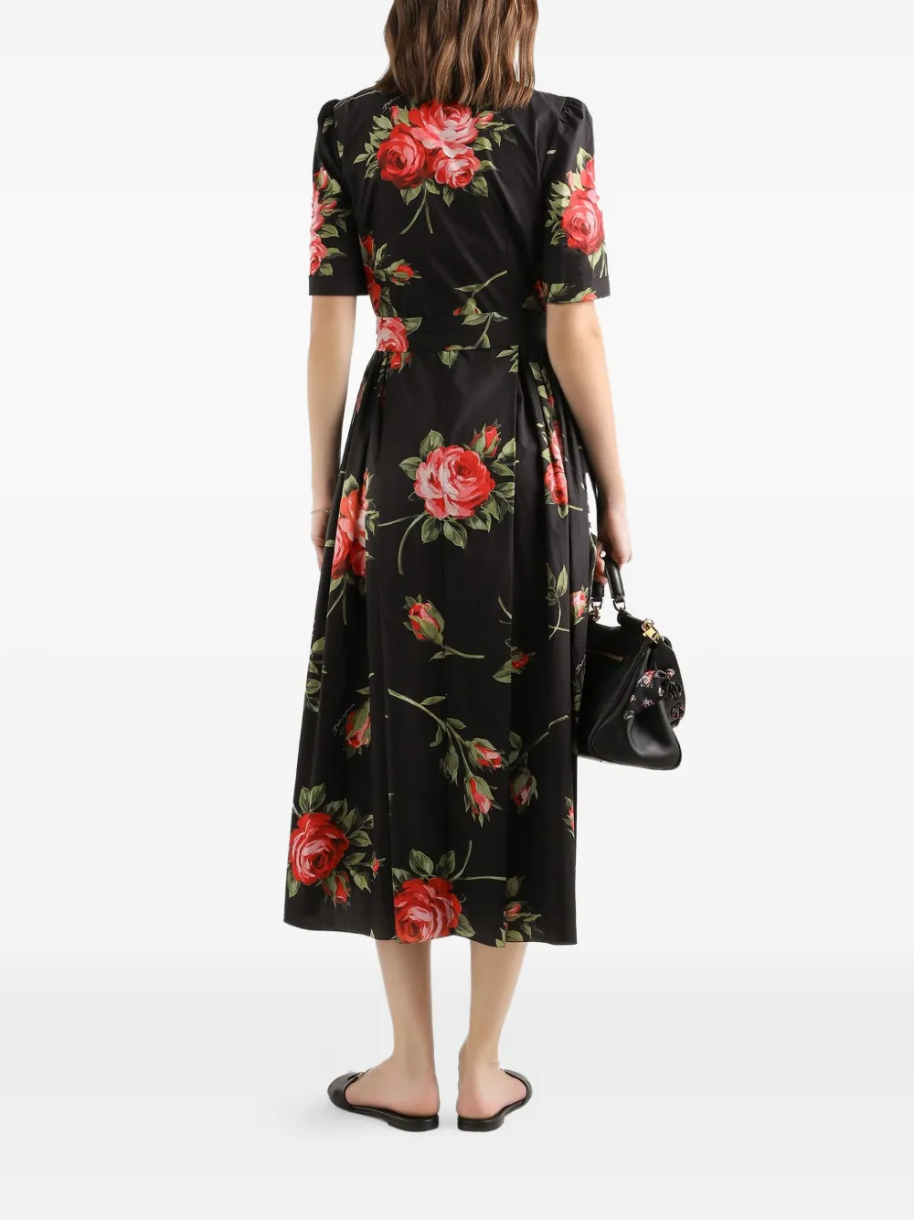 Dolce & Gabbana Floral-print Belted Midi Dress In Black