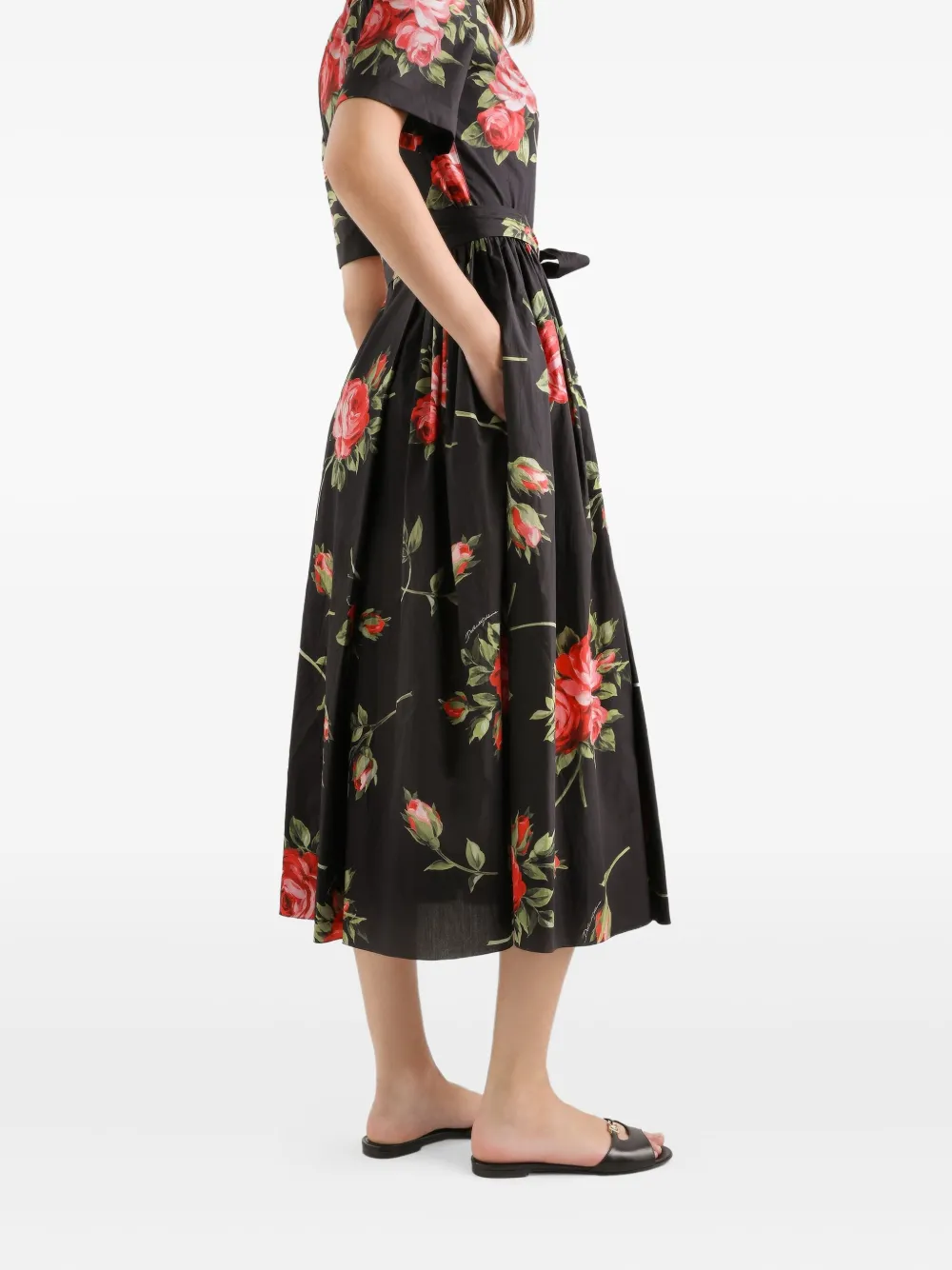 Dolce & Gabbana Floral-print Belted Midi Dress In Black