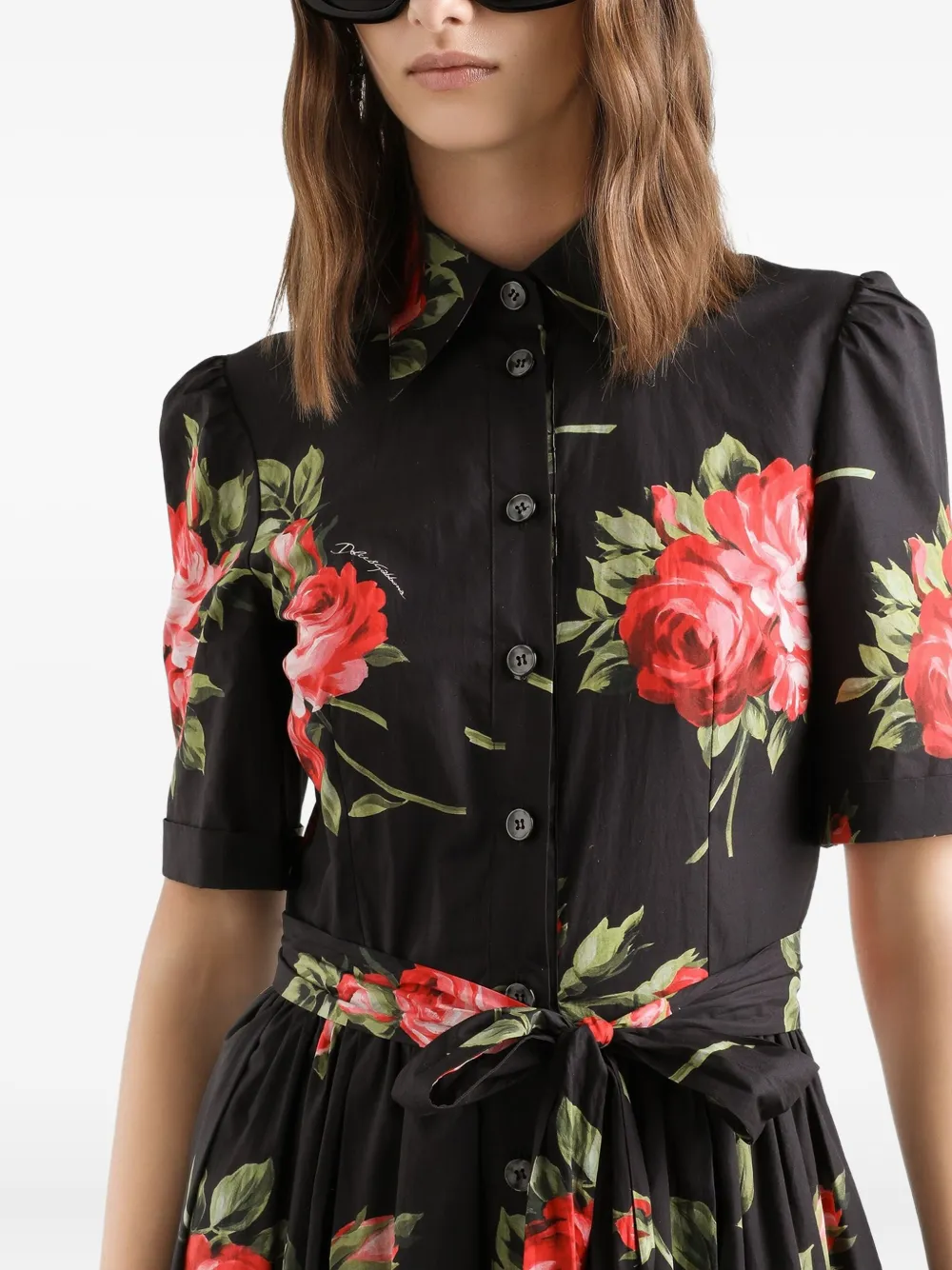 Dolce & Gabbana Floral-print Belted Midi Dress In Black