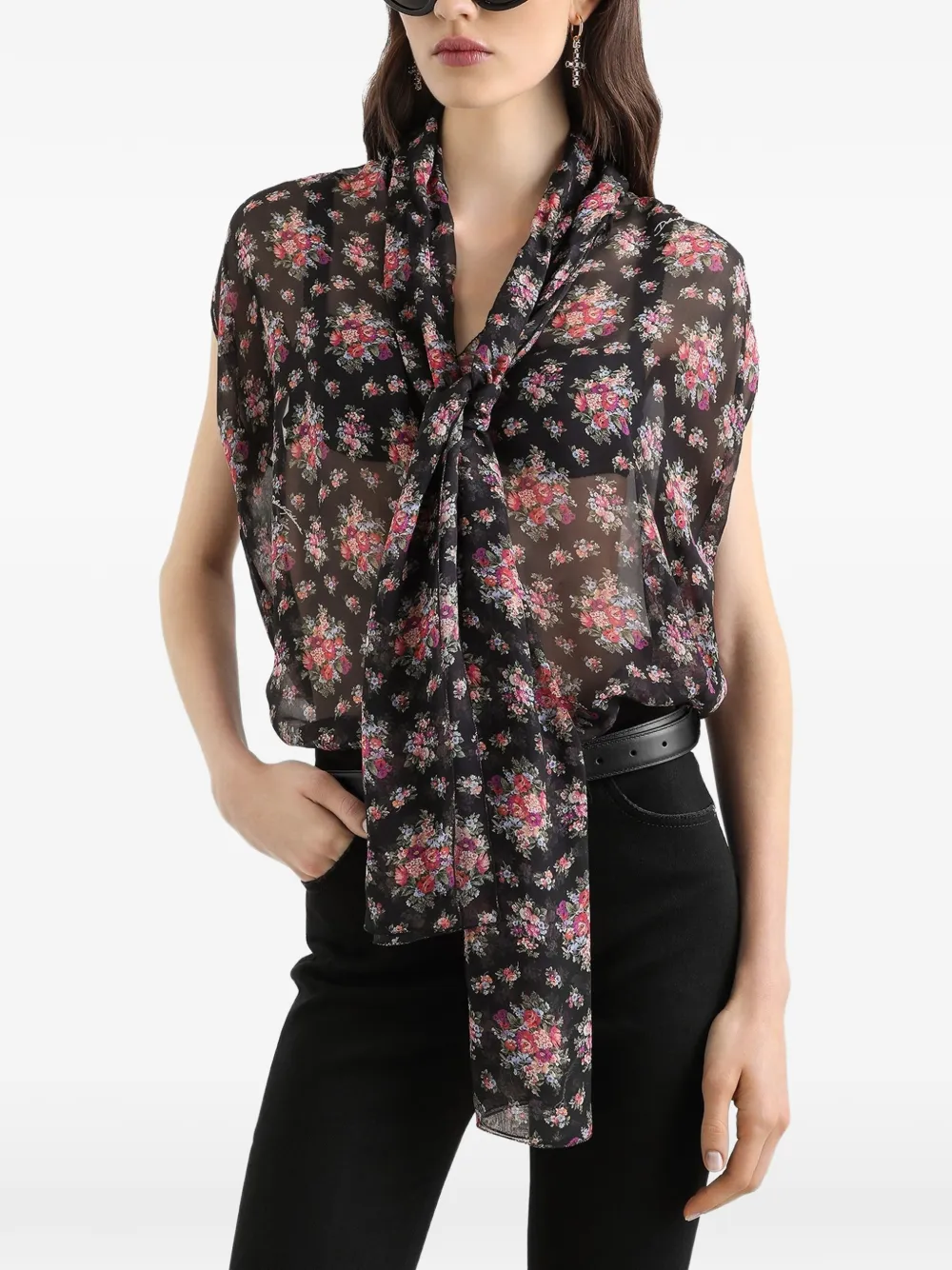 Dolce & Gabbana Top met bloemenprint en strik Zwart