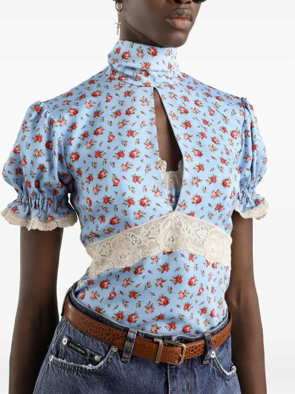 floral-print keyhole blouse