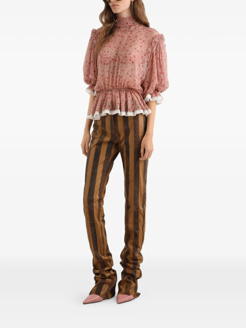 Dolce & Gabbana Gestreepte broek van nappa leer Bruin
