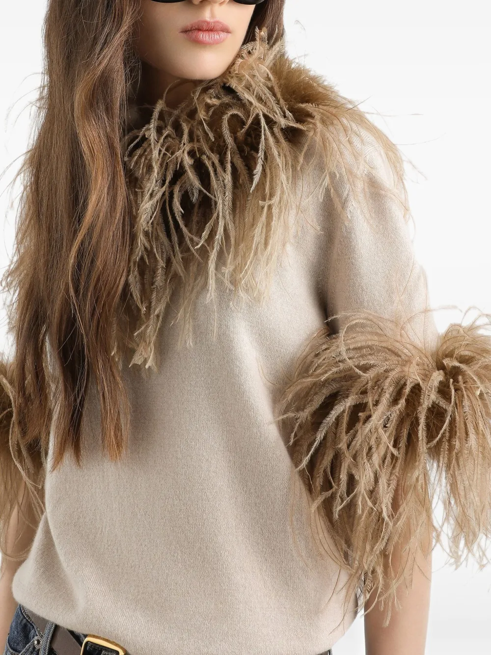 Dolce & Gabbana Kasjmier top met veren afwerking Beige