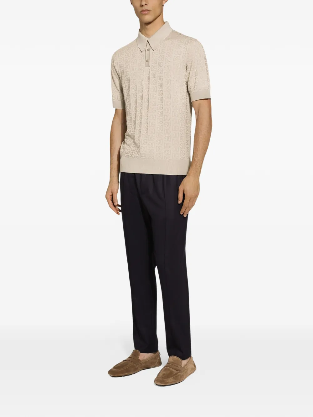 Dolce & Gabbana Zijden jacquard poloshirt met DG-logo Beige