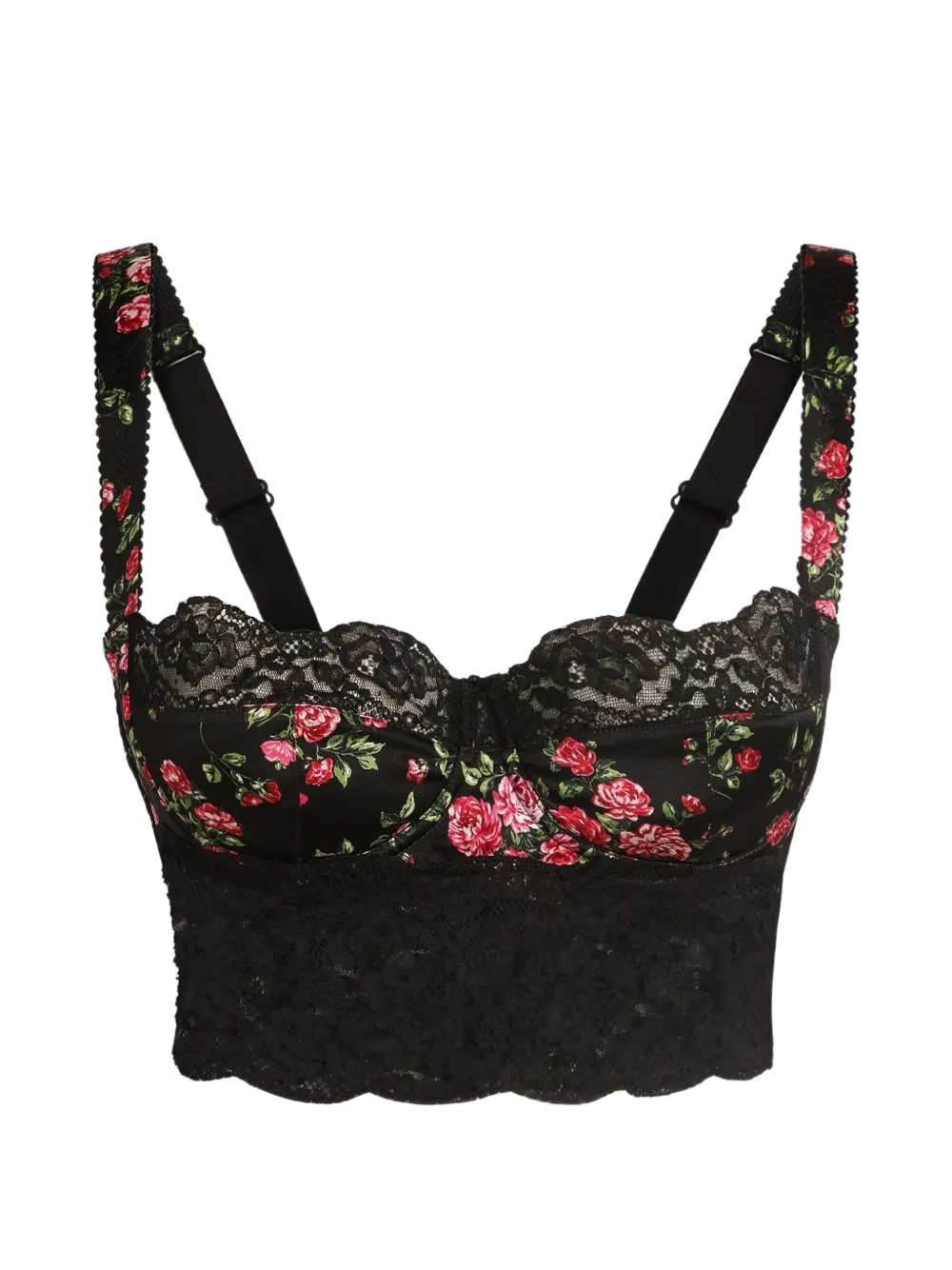 Dolce & Gabbana small rose bouquets-print satin and lace balconette - Nero