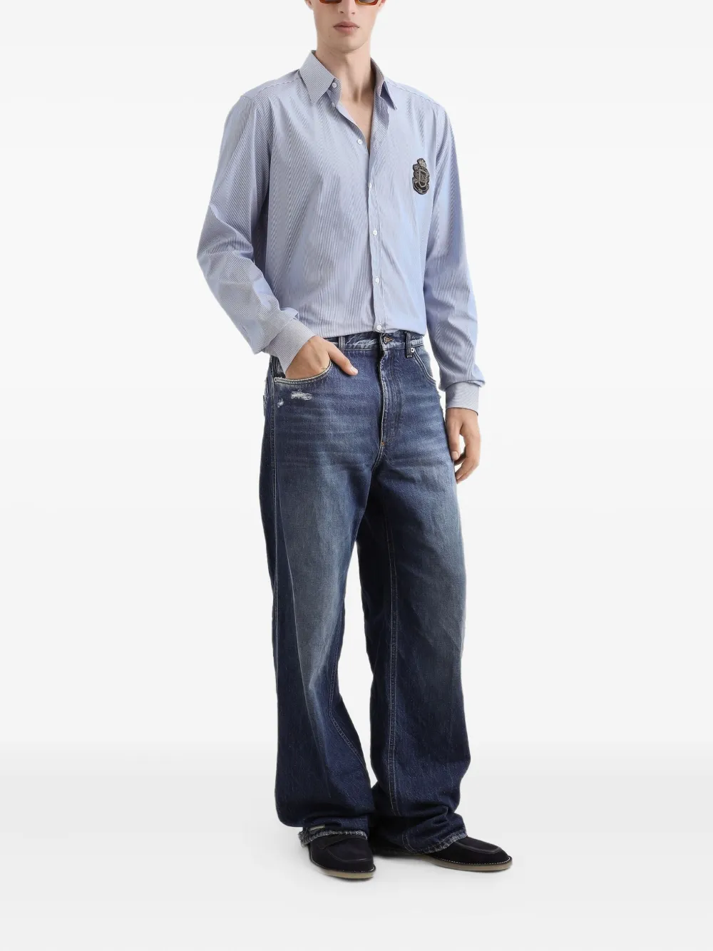 Dolce & Gabbana Gestreept overhemd met wapenschild-applicatie Blauw