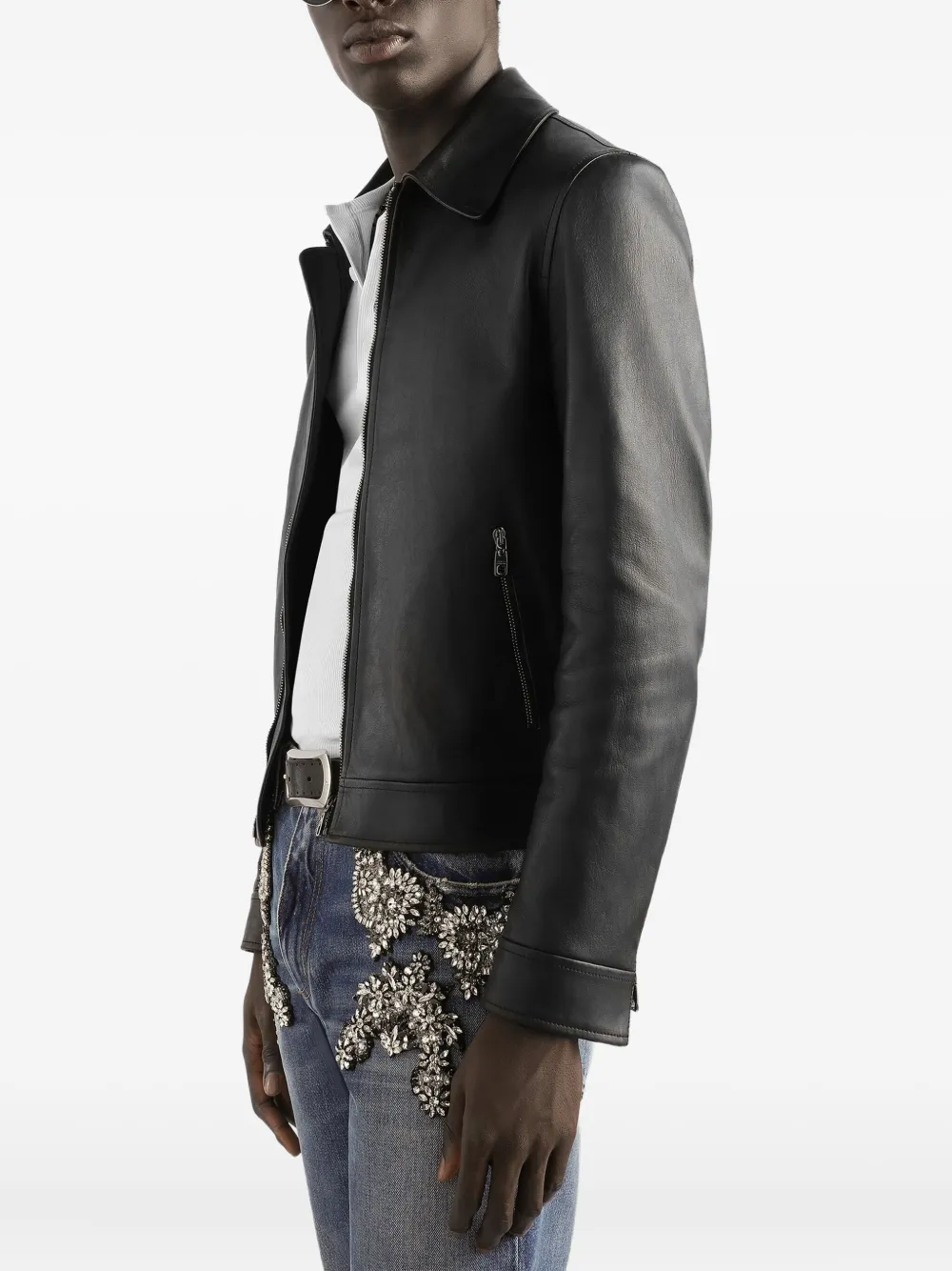 Dolce & Gabbana Leren jas met rits Zwart