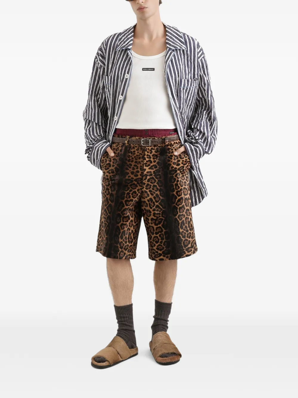 Dolce & Gabbana Kalfsleren broek met luipaardprint Bruin