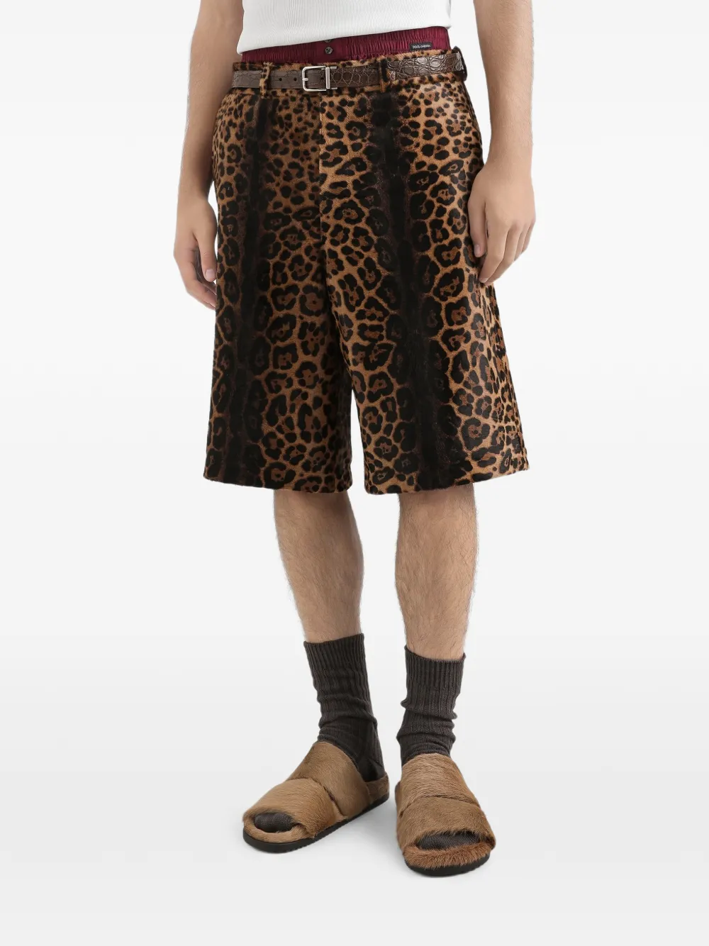 Dolce & Gabbana Kalfsleren broek met luipaardprint Bruin
