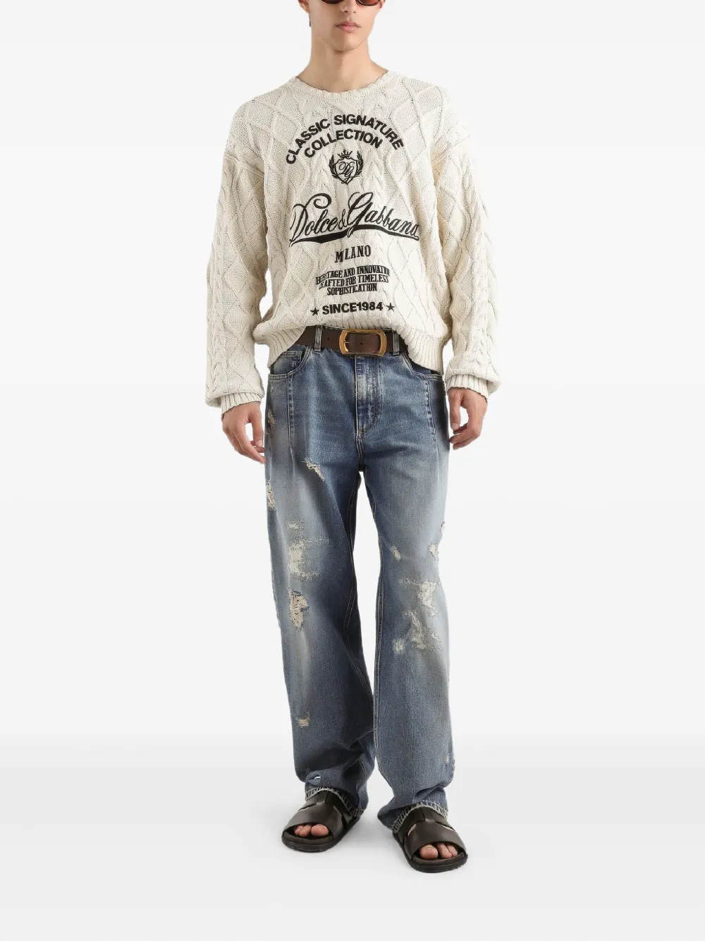 Dolce & Gabbana Kabelgebreide trui met logo - Beige