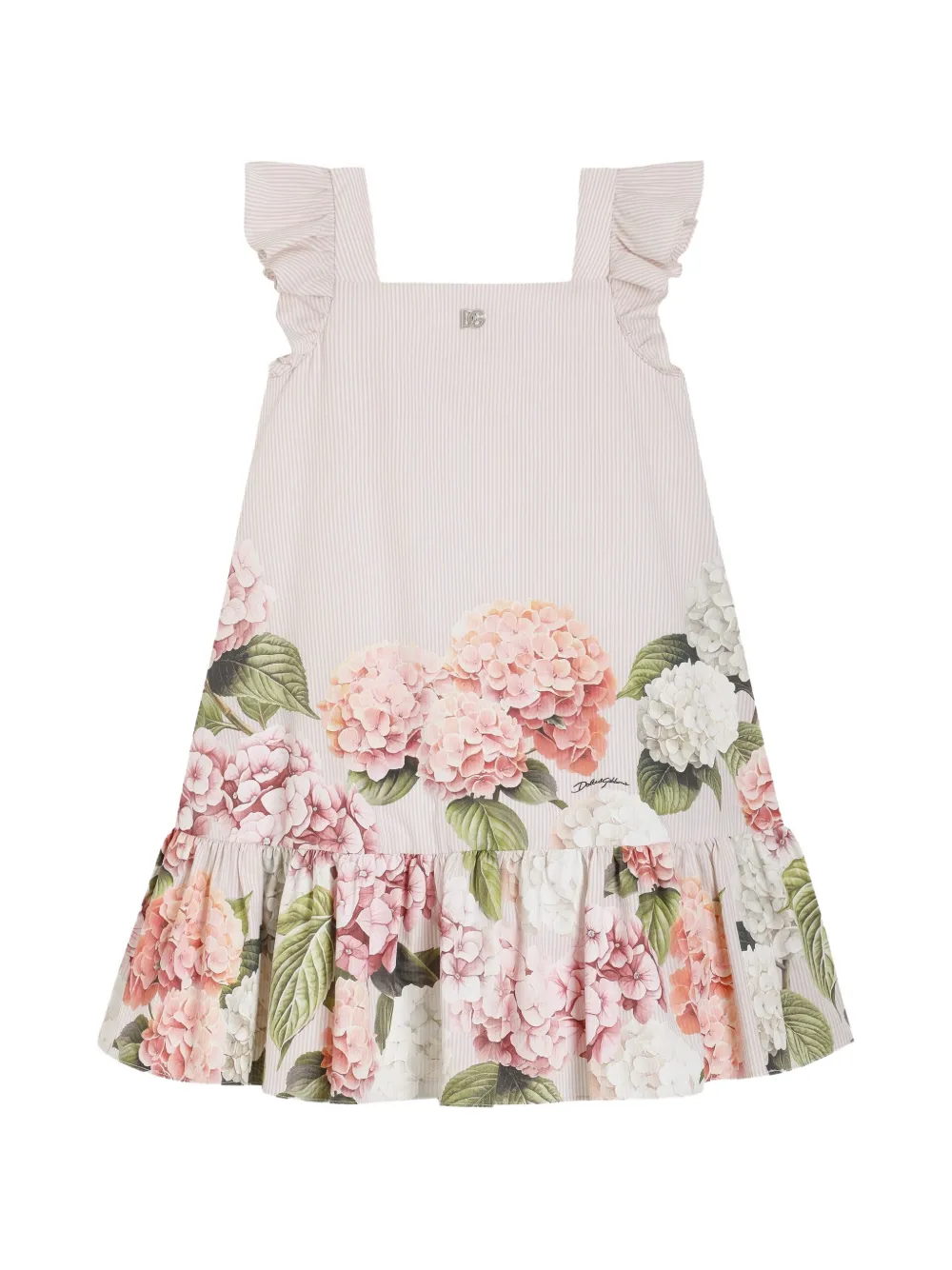 Dolce & Gabbana Kids hydrangea-print striped cotton canvas dress - Neutrals