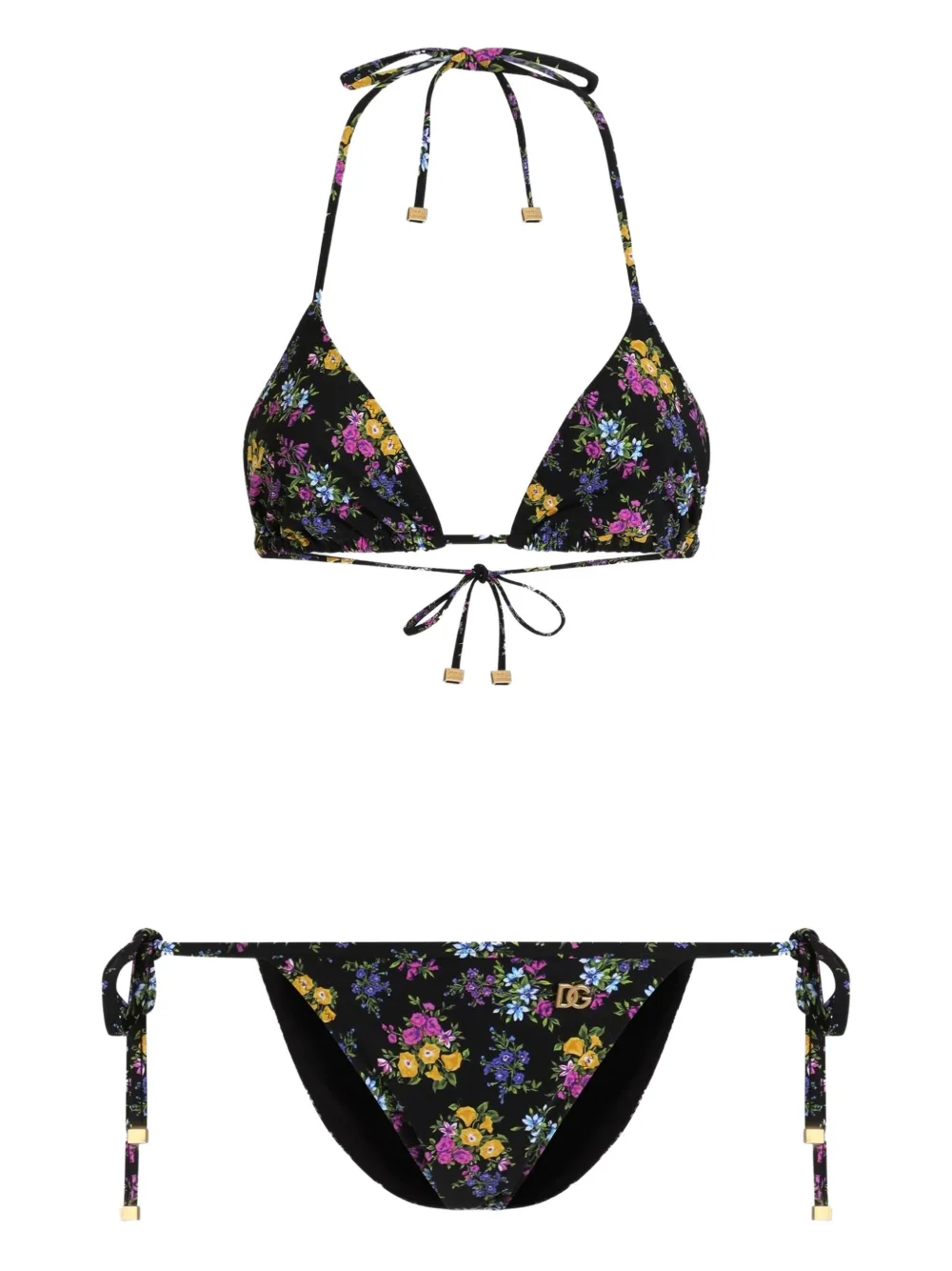 Dolce & Gabbana Floral-print Triangle Bikini Set In Black