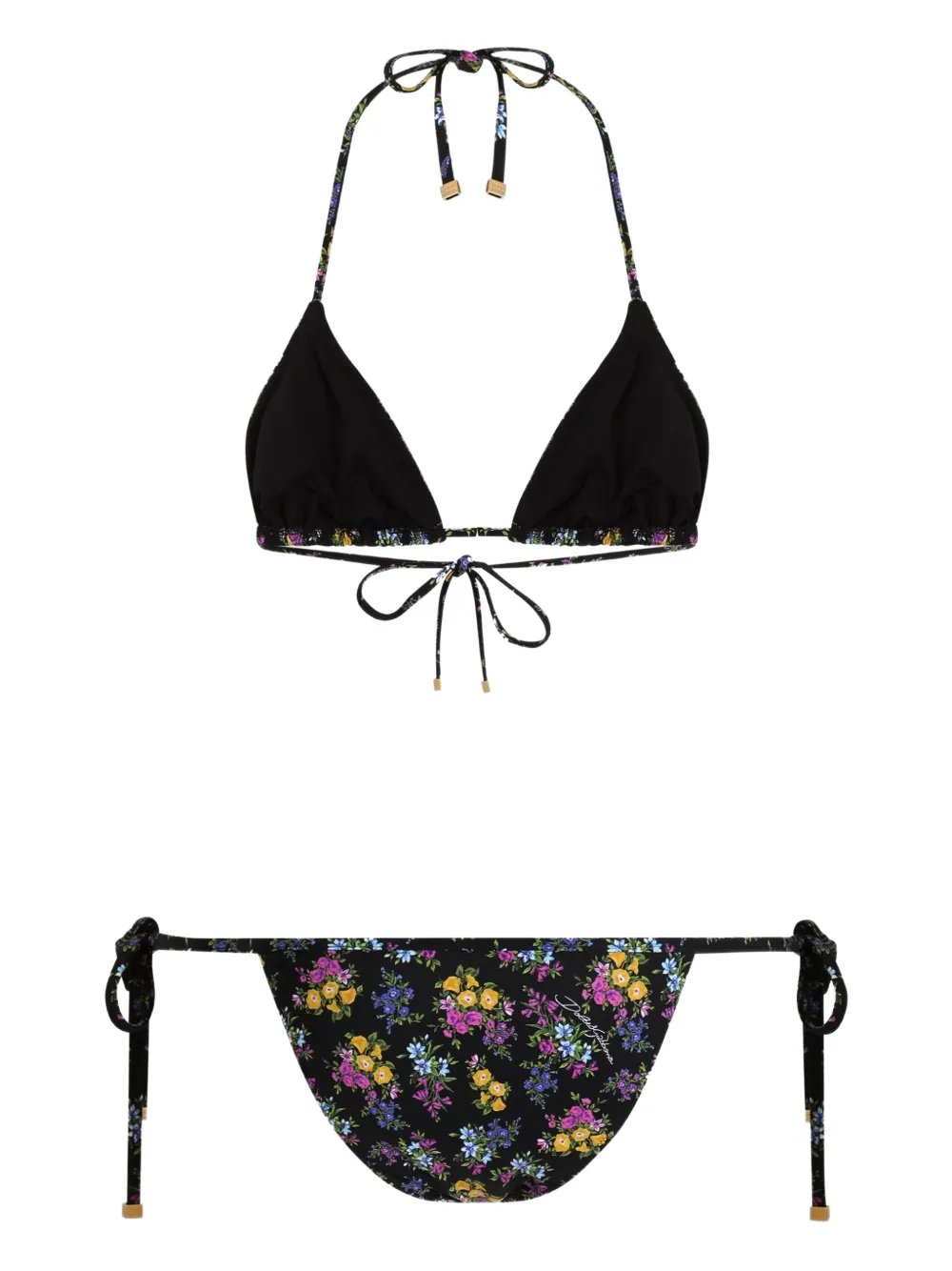 Dolce & Gabbana Floral-print Triangle Bikini Set In Black