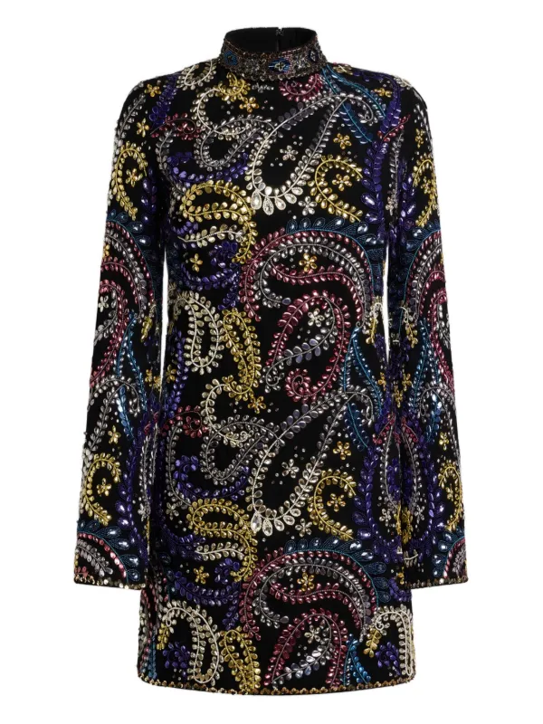 Etro, Mini Dress With All-over Paisley Foliage Embroidery, Woman, Black, Size 42