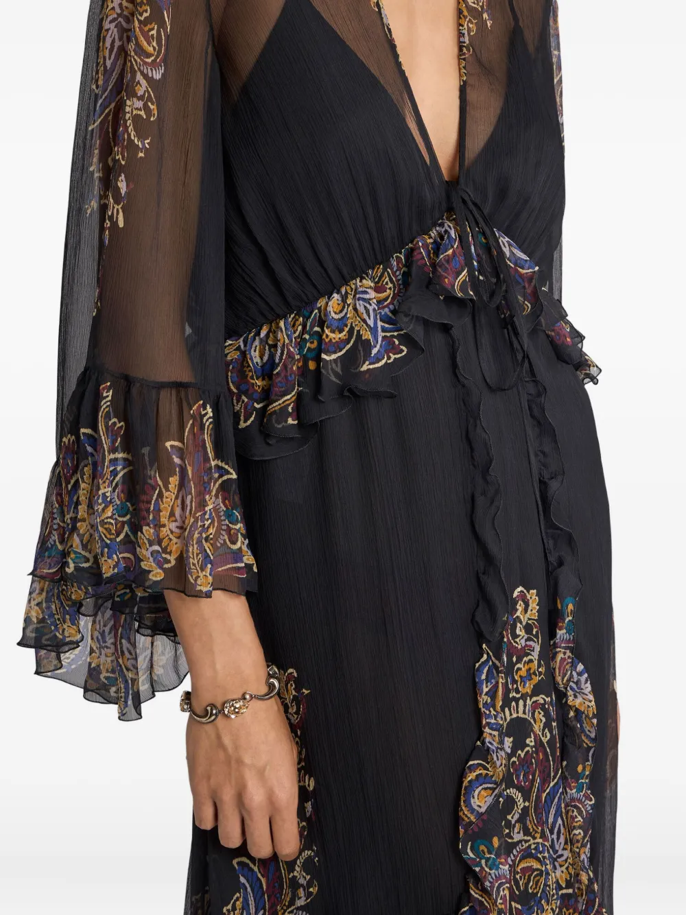 Etro Ruffled Paisley Foliage-print Silk Maxi Dress In Black