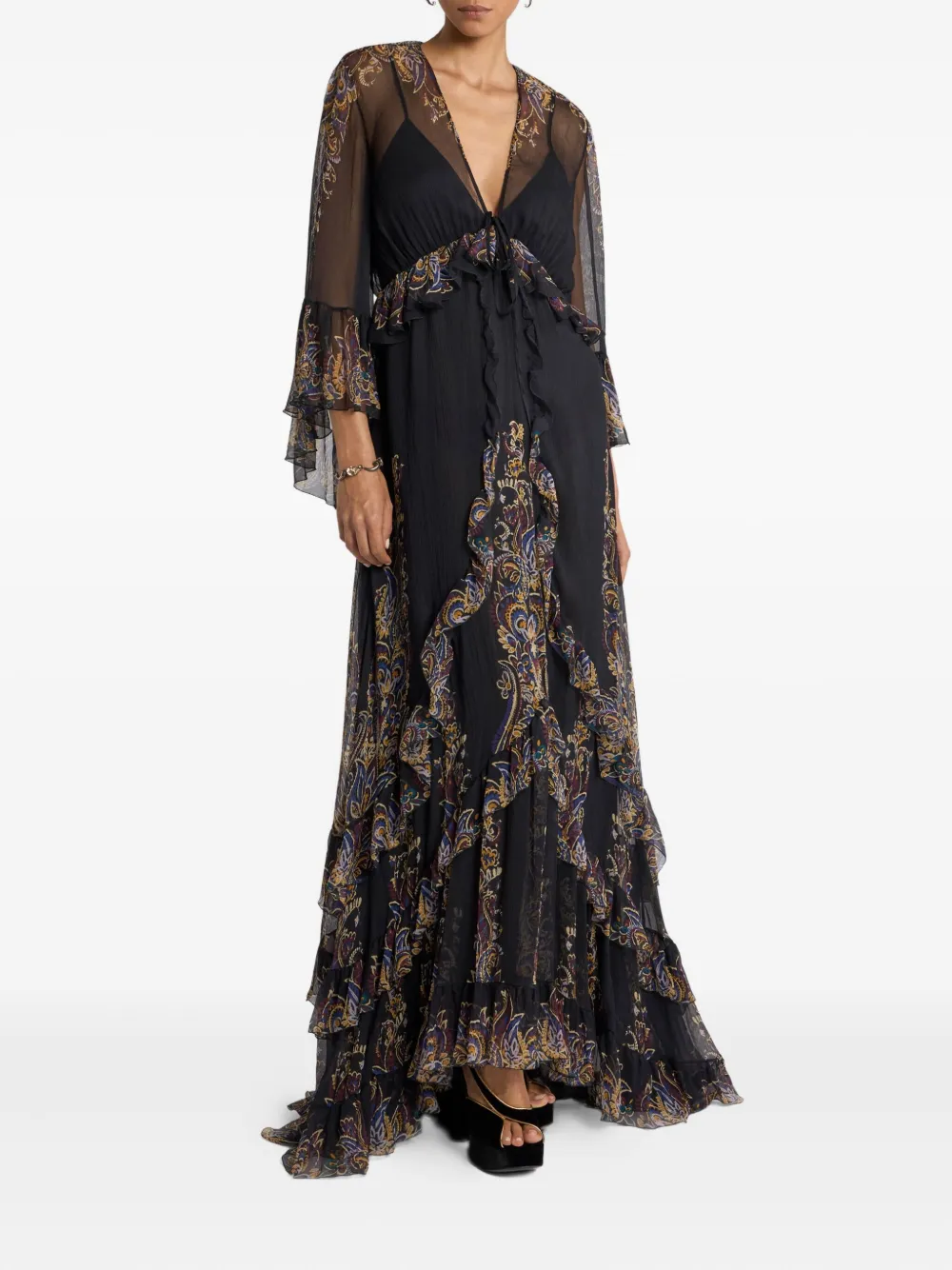 Etro Ruffled Paisley Foliage-print Silk Maxi Dress In Black