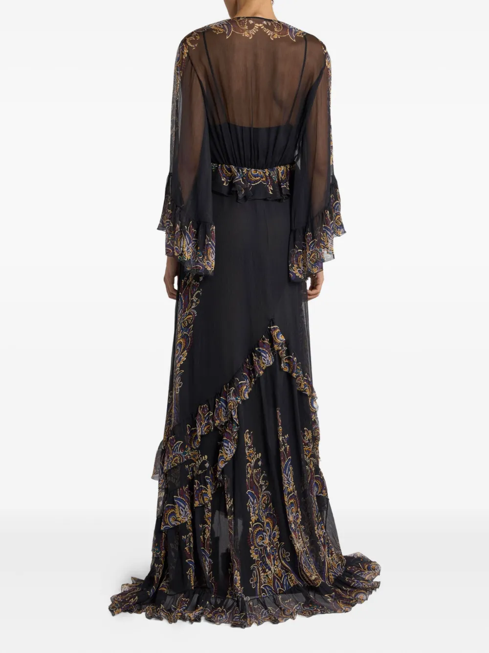 Etro Ruffled Paisley Foliage-print Silk Maxi Dress In Black
