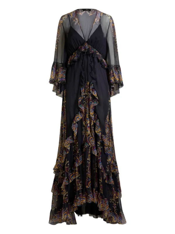 ETRO Ruffled Paisley foliage-print Silk Maxi Dress | Black | FARFETCH