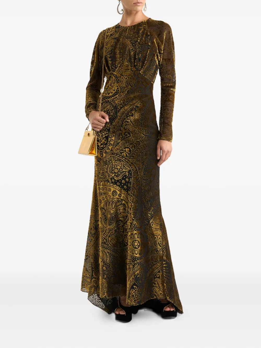 Etro Floral Paisley Velvet Maxi Dress In Gold