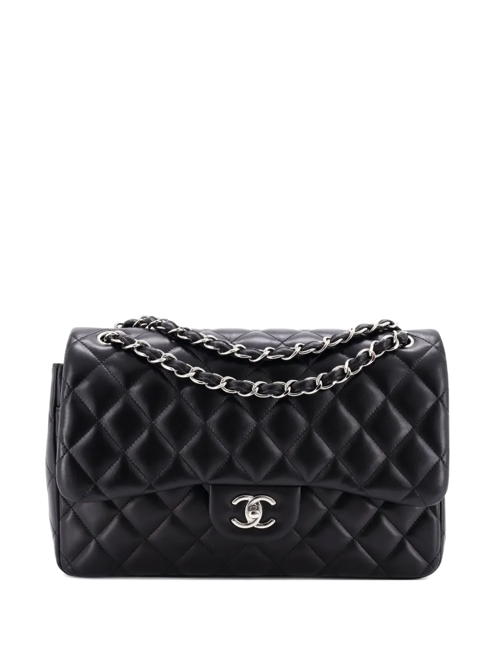 Pre-owned Chanel Classic Double Flap Bag Quilted Lambskin Jumbo Shoulder Bag In Black