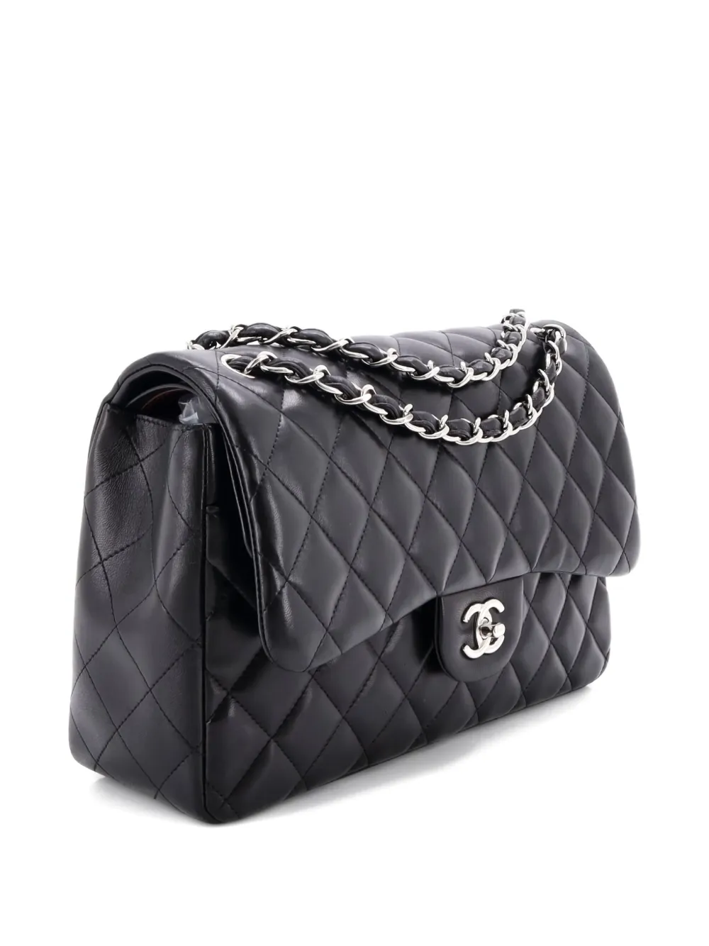 Pre-owned Chanel Classic Double Flap Bag Quilted Lambskin Jumbo Shoulder Bag In Black