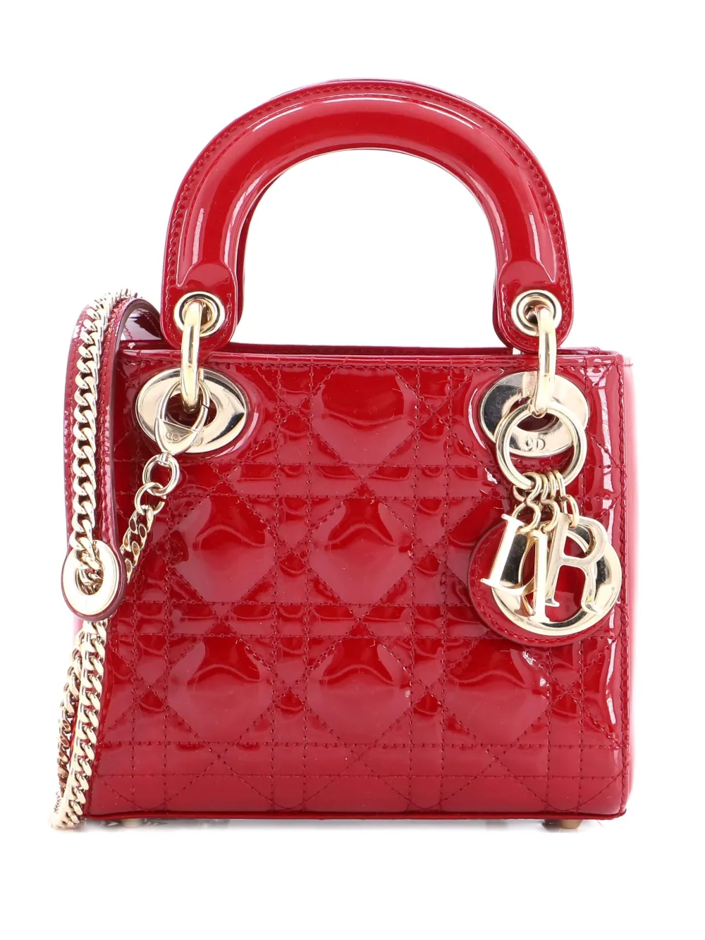 Pre-owned Dior Lady Chain Bag Cannage Quilt Patent Mini Satchel In Red