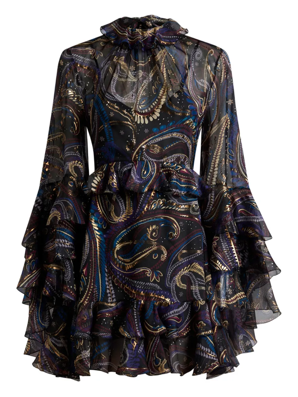 ETRO ruffled paisley foliage mini dress - Nero