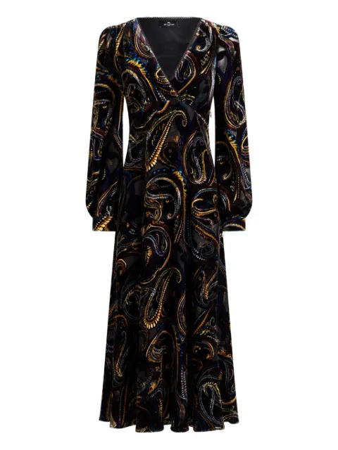 ETRO velvet paisley-foliage motif wrap midi dress