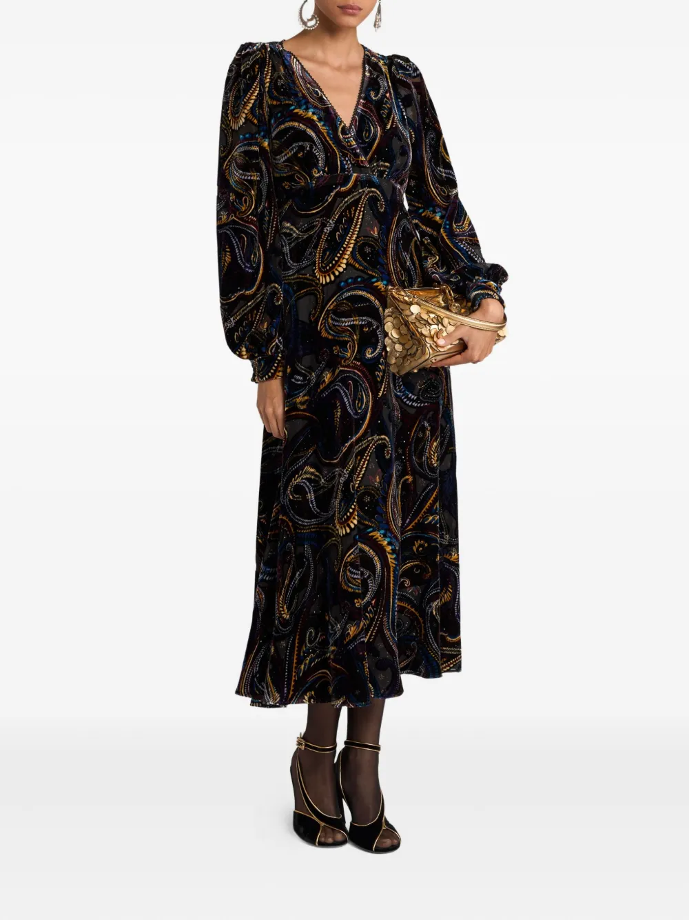 Etro Velvet Paisley-foliage Motif Wrap Midi Dress In Black