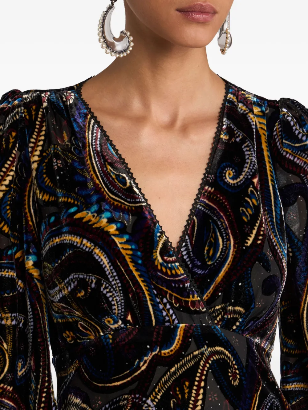 Etro Velvet Paisley-foliage Motif Wrap Midi Dress In Black