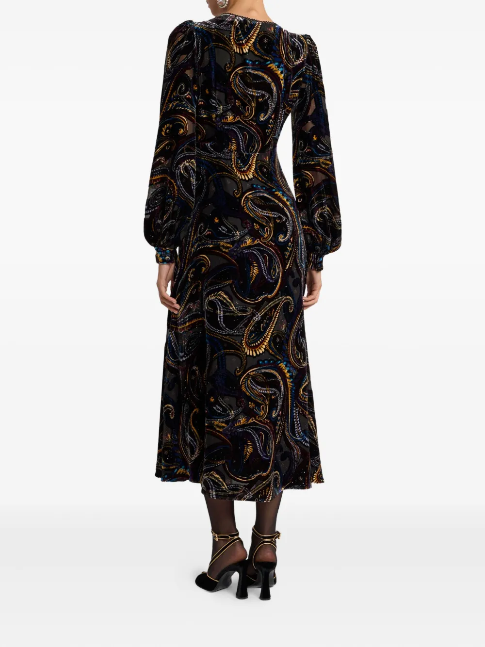 Etro Velvet Paisley-foliage Motif Wrap Midi Dress In Black