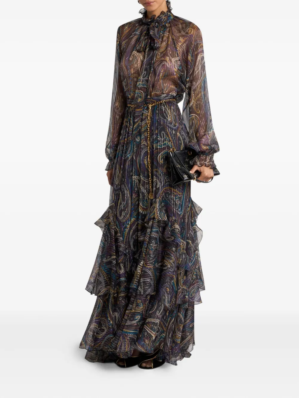 Etro Ruffled Paisley-motif Silk Maxi Skirt In Brown
