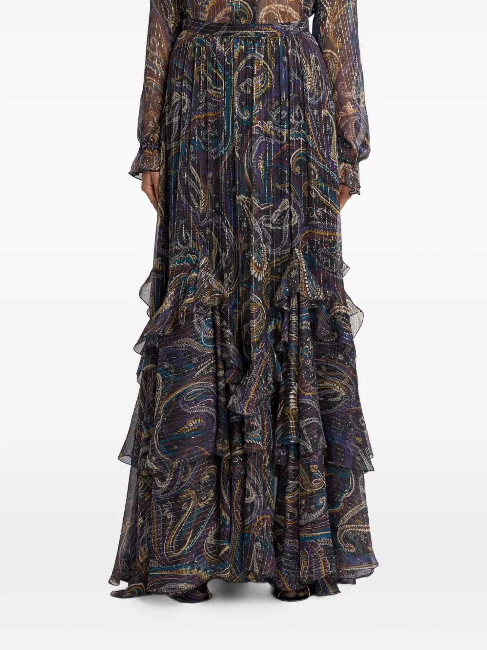 Etro Ruffled Paisley-motif Silk Maxi Skirt In Brown