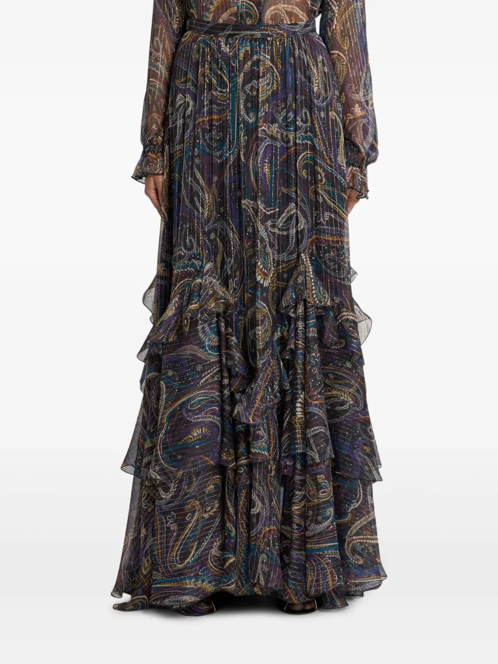 ETRO Zijden maxi-rok met paisley-patroon en ruches Zwart