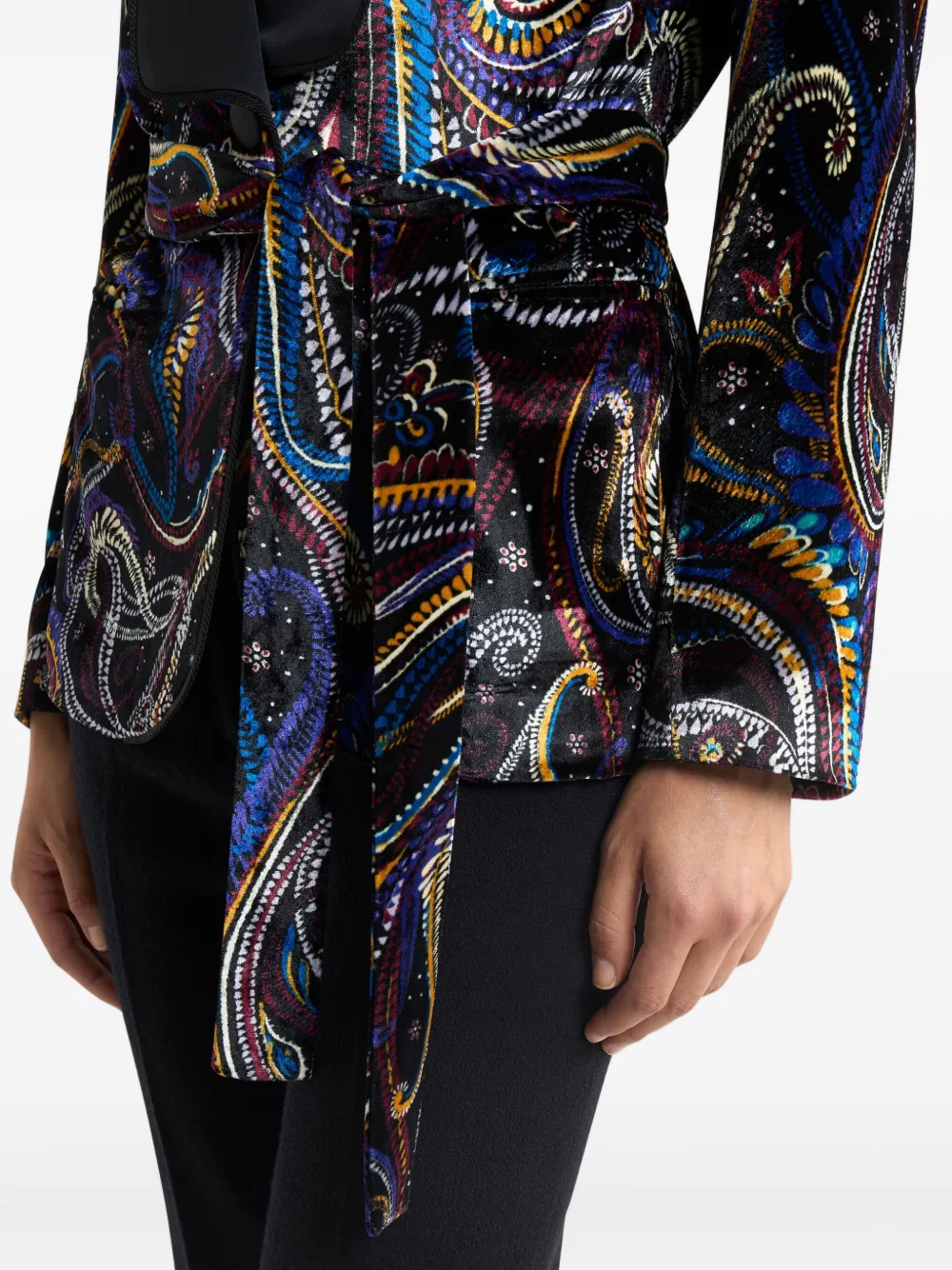 Etro Belted Velvet Jacquard Blazer In Black