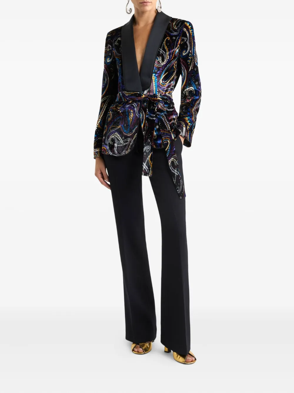 Etro Belted Velvet Jacquard Blazer In Black