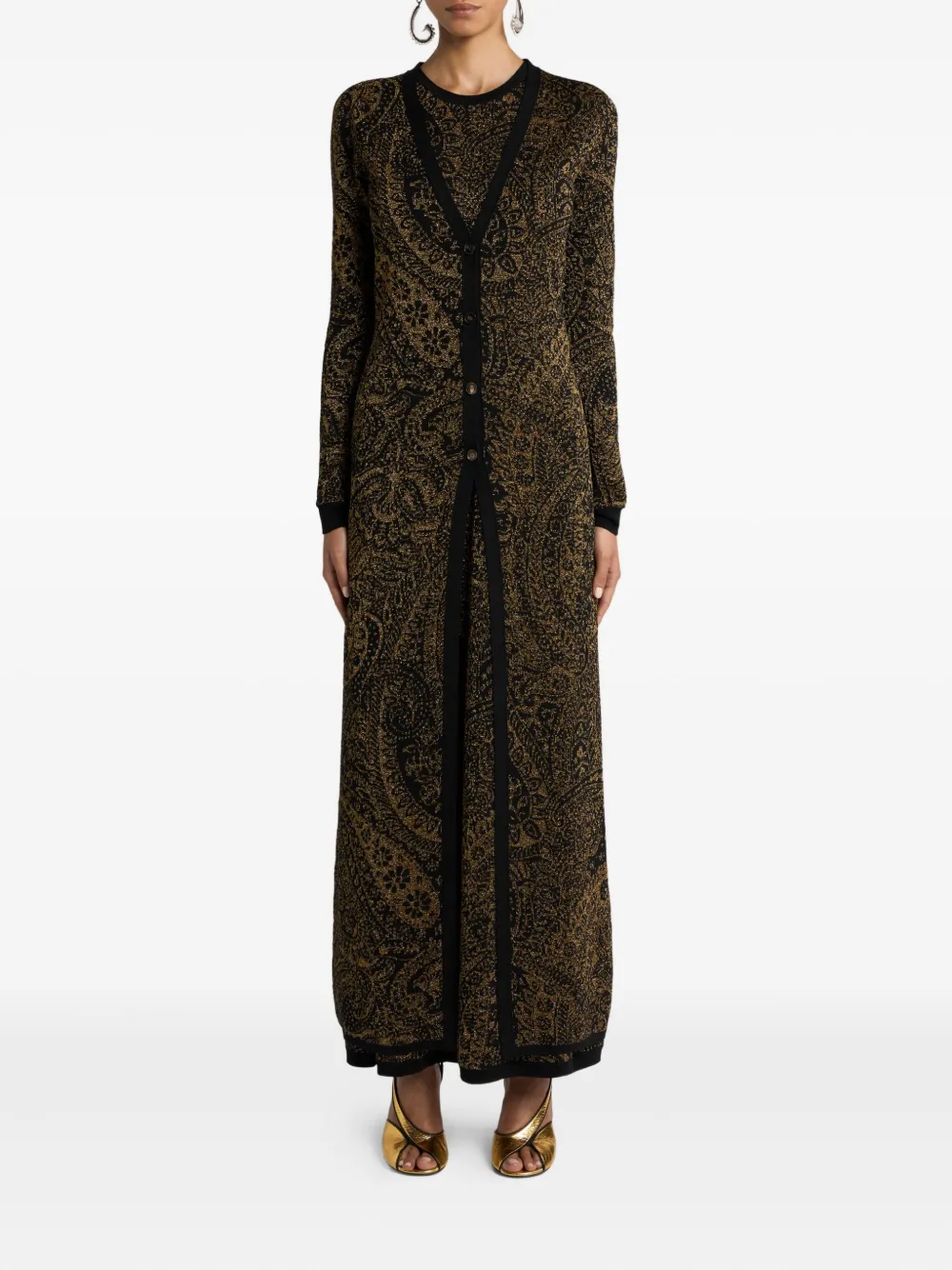 Etro Metallic Paisley Long Cardigan In Brown