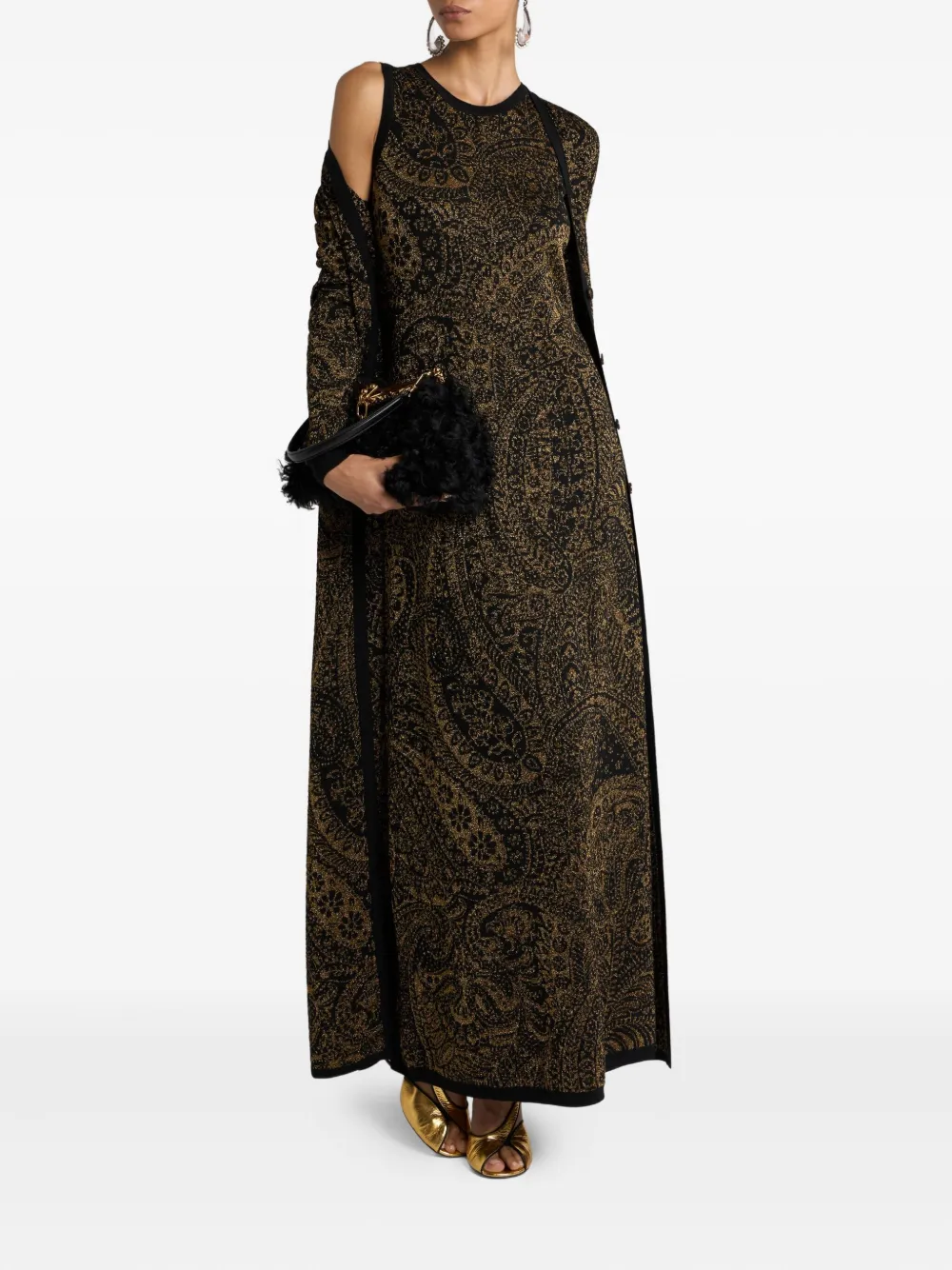 Etro Metallic Paisley Long Cardigan In Brown