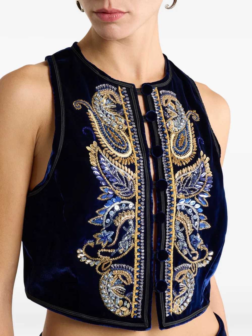 Etro Paisley Foliage Embroidered Velvet Waistcoat In Blue