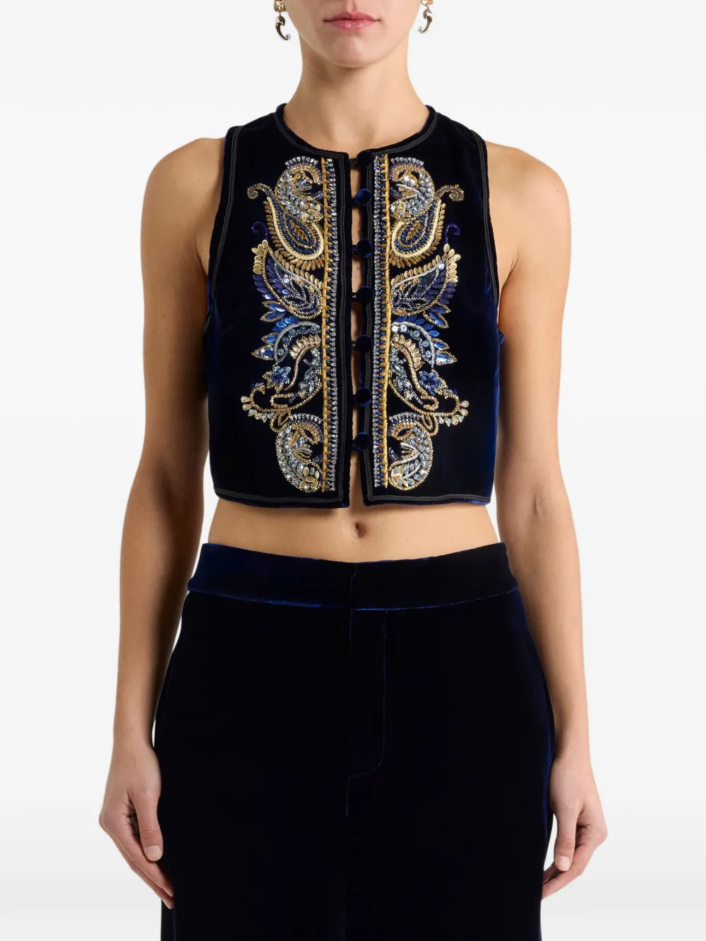 Etro Paisley Foliage Embroidered Velvet Waistcoat In Blue