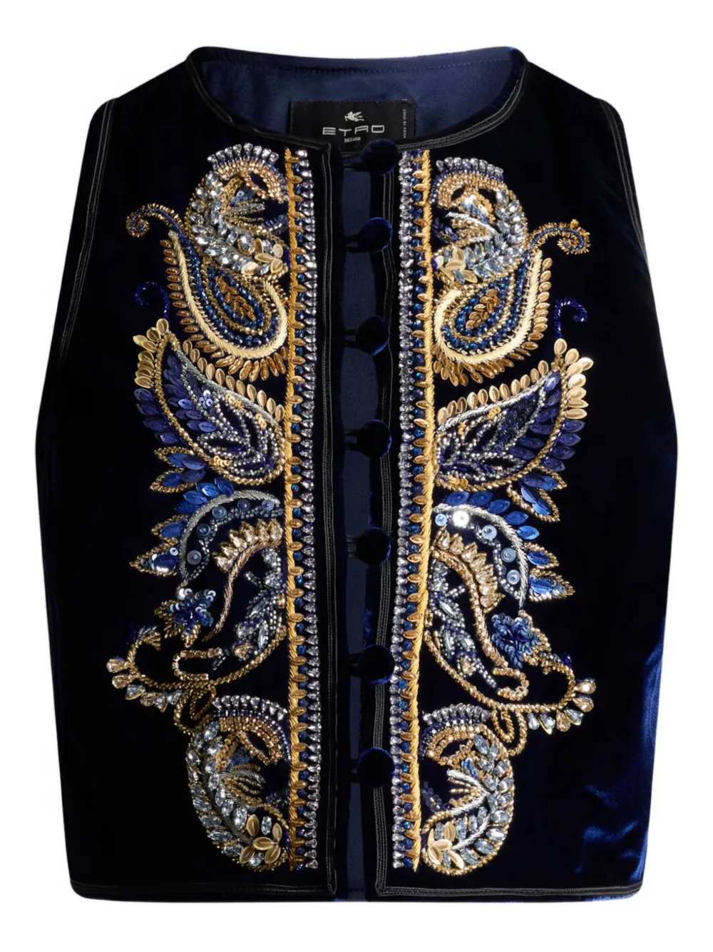Etro Paisley Foliage Embroidered Velvet Waistcoat In Blue