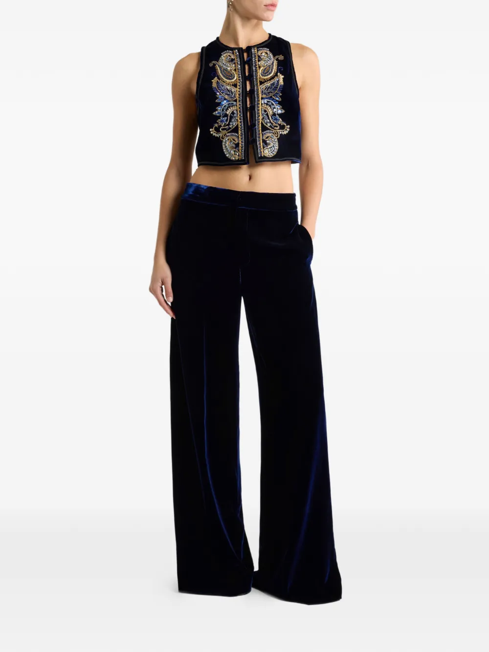 Etro Paisley Foliage Embroidered Velvet Waistcoat In Blue