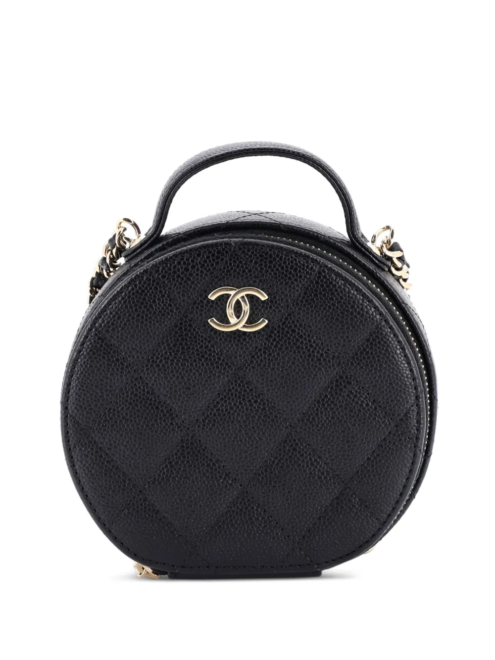 CHANEL Pre-Owned Handle with Care Round Vanity Case with Chain Quilted CHANEL Pre-Owned Handle with Care Round Vanity Case with Chain Quilted