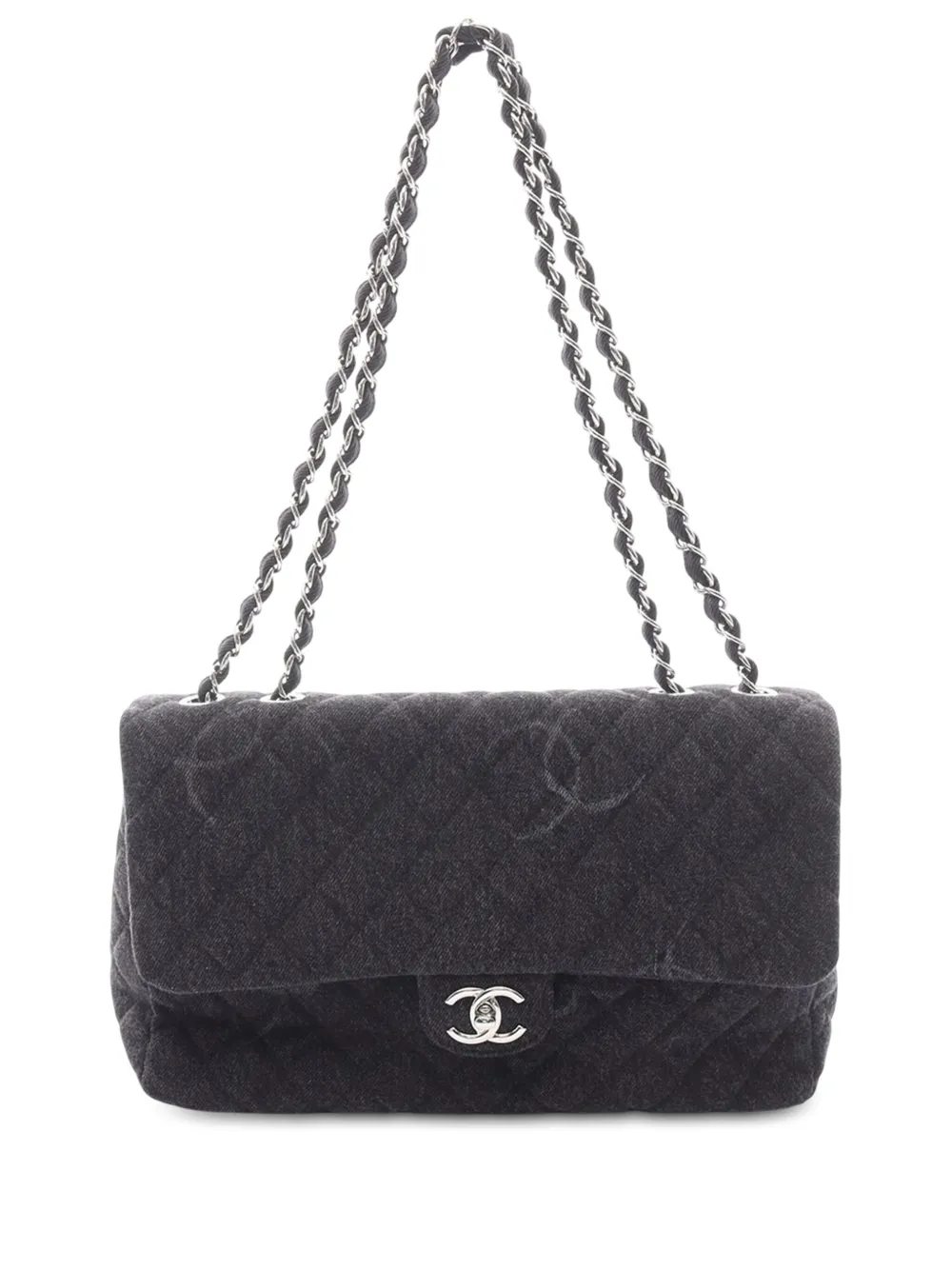Pre-owned Chanel 2020 Jumbo Printed Denim Single Flap Shoulder Bag In Gray