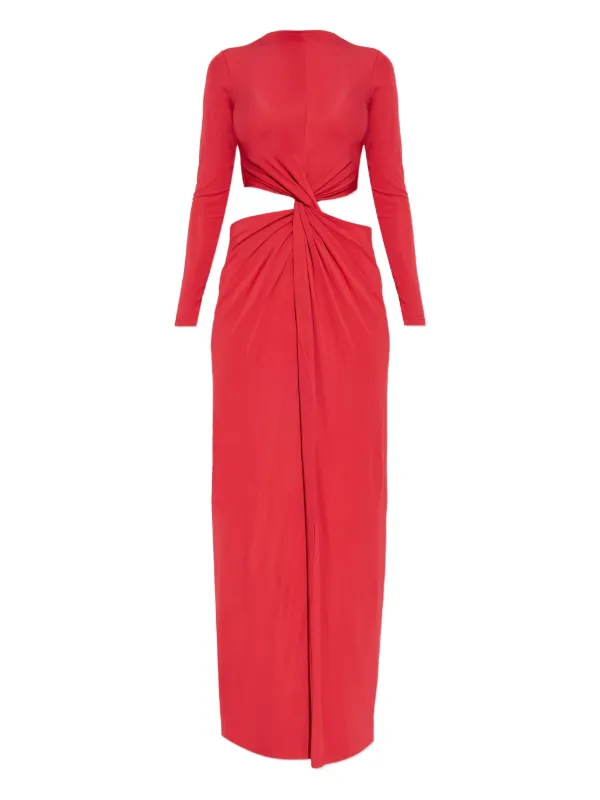 cult gaia red dress Cult Gaia Gosia Strapless Feather-Trim High-Low Gown