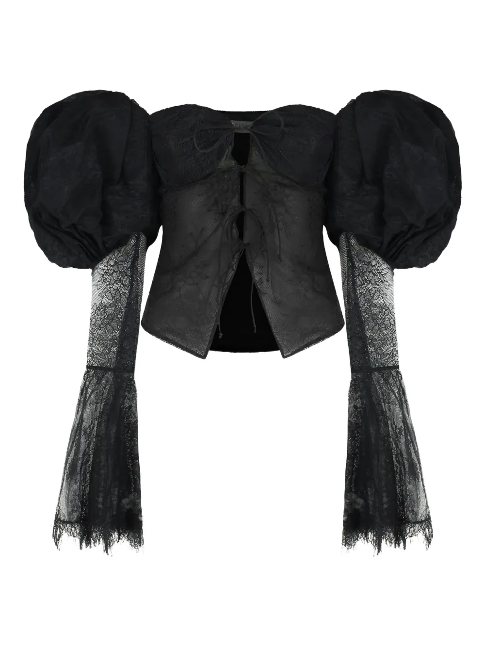 Les Filles d'Eva Blouse met bloemenkant en pofmouwen - Zwart