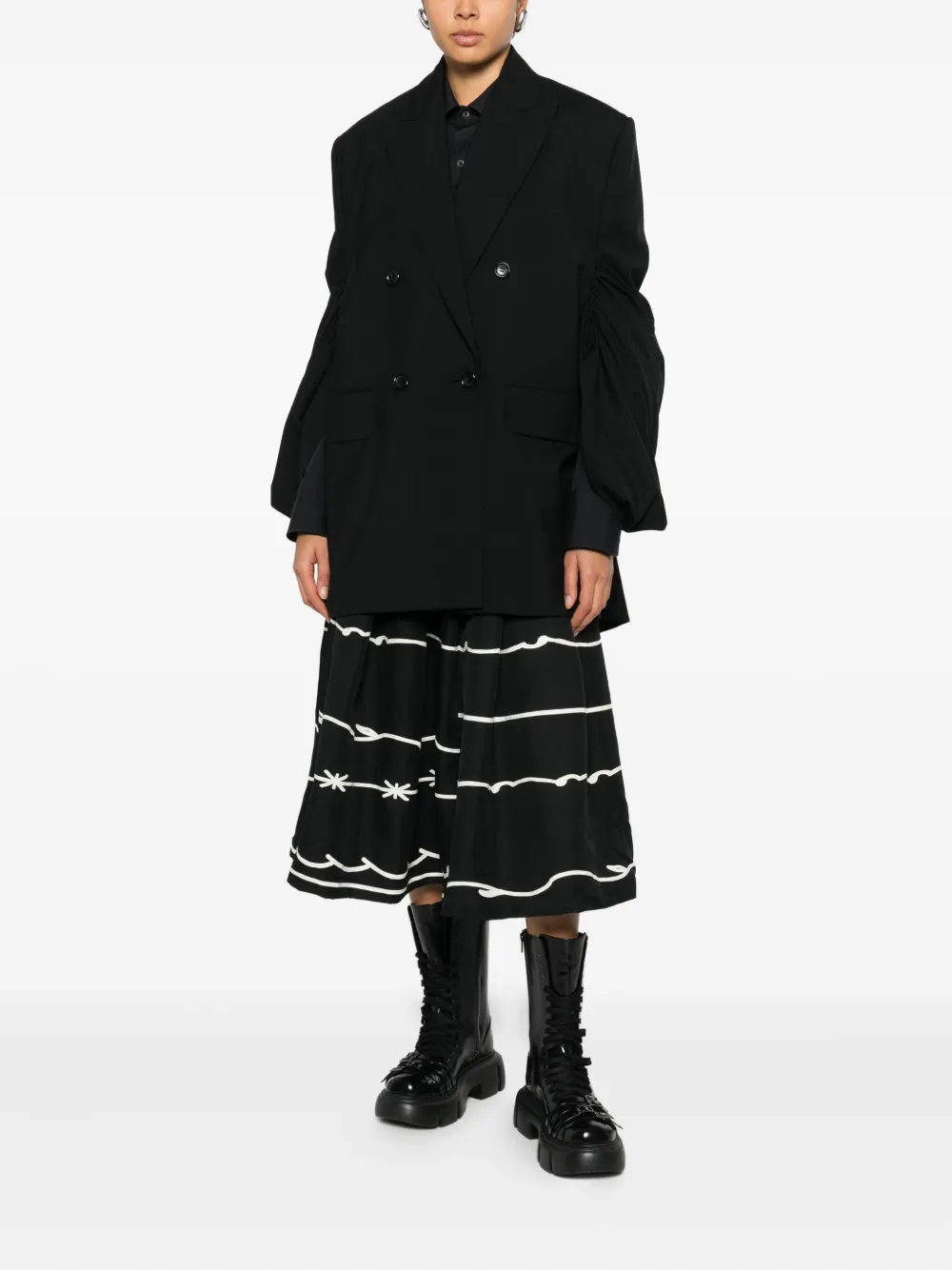 Black Comme Des Garçons pleated graphic-print midi skirt - Zwart
